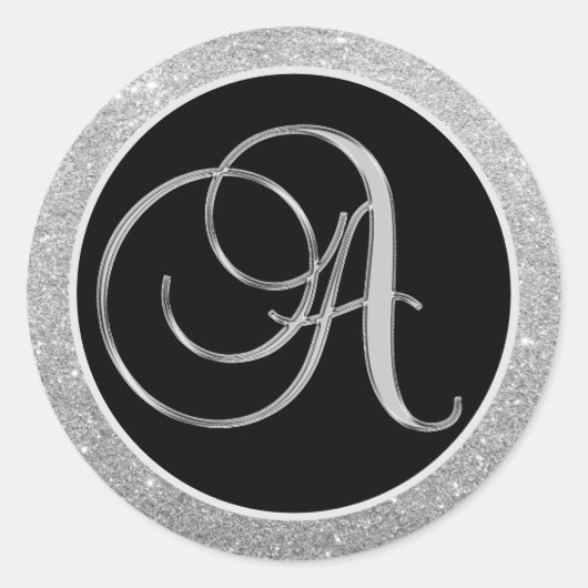 Monogram Letter A Black Silver Glitter Seals Ronde Sticker (Voorkant)