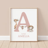 Monogram Letter A Boho Safari Animal Nursery Wall Poster
