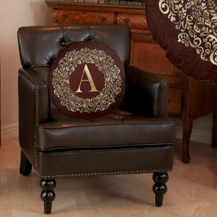 Monogram Letter A Luxe Goud Bourgondië damast Rond Kussen