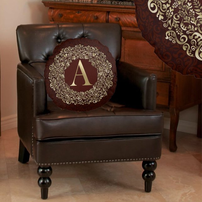 Monogram Letter A Luxe Goud Bourgondië damast Rond Kussen (Creator heeft geüpload)