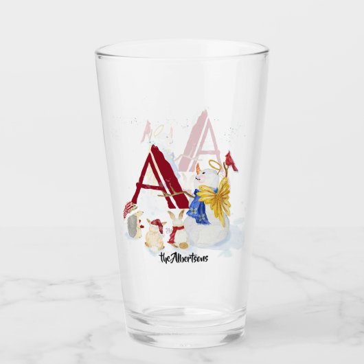 Monogram Letter A Merry kerstengel Snowman Glas (Voorkant)