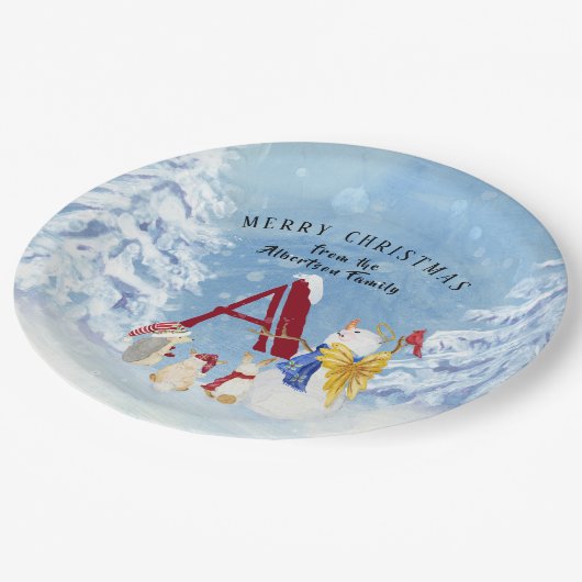 Monogram Letter A Merry kerstengel Snowman Papieren Bordje (Gekanteld)