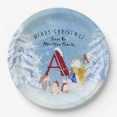 Monogram Letter A Merry kerstengel Snowman Papieren Bordje (Voorkant)