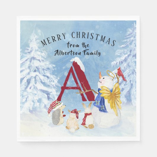 Monogram Letter A Merry kerstengel Snowman Servet (Voorkant)