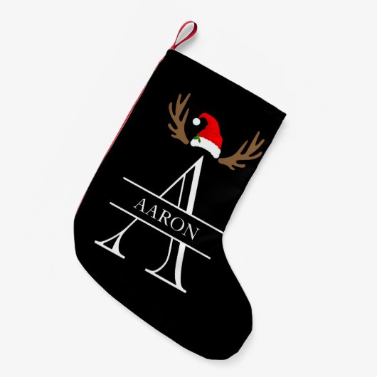 Monogram letter A naam, Antlers Santa Hat Kleine Kerstsok (Voorkant (Hangend))