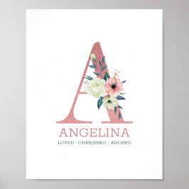 Monogram Letter A roze Waterverf Floral Neursery Poster