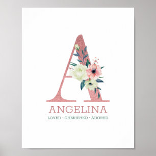 Monogram Letter A roze Waterverf Floral Neursery Poster