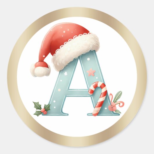 Monogram letter A, Santa hat Kerst sticker (Voorkant)