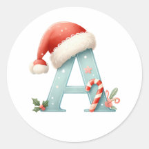 Monogram letter A, Santa hat Kerst sticker