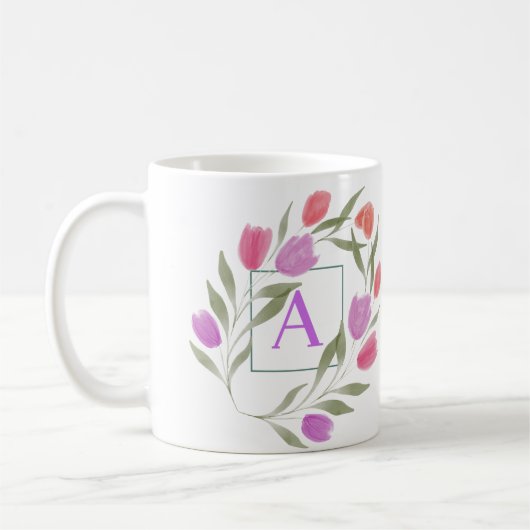 Monogram Letter A Zwart & Wit met bloemen Koffiemok (Links)