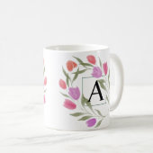 Monogram Letter A Zwart & Wit met bloemen Koffiemok (Voorkant rechts)