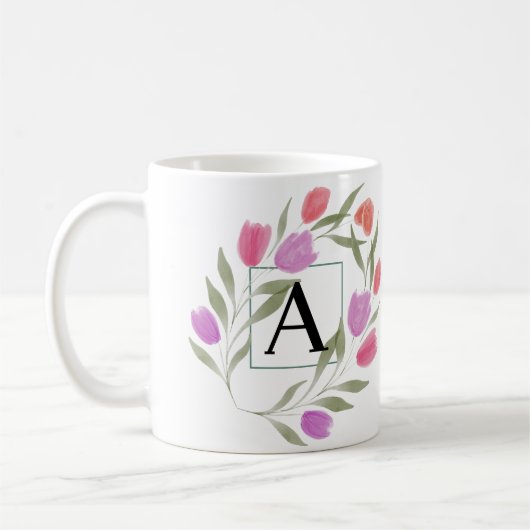 Monogram Letter A Zwart & Wit met bloemen Koffiemok (Links)