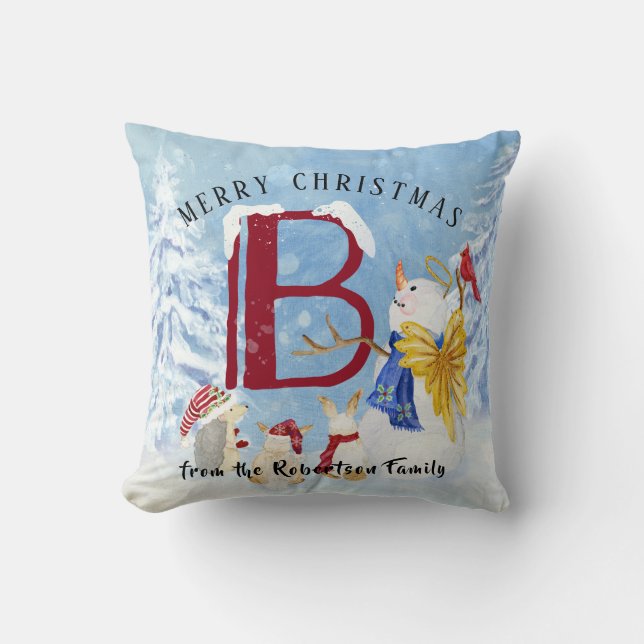 Monogram Letter B Angel Snowman Merry Kerstmis Kussen (Voorkant)