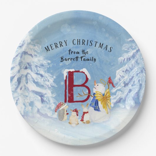 Monogram Letter B Angel Snowman Merry Kerstmis Papieren Bordje (Voorkant)