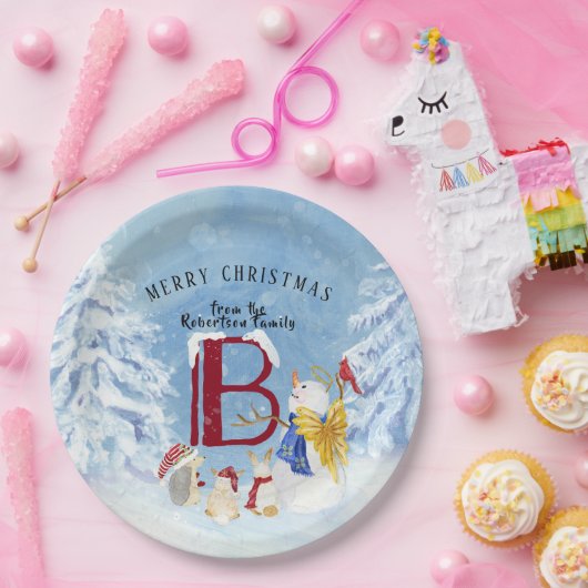 Monogram Letter B Angel Snowman Merry Kerstmis Papieren Bordje (Feest)