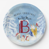 Monogram Letter B Angel Snowman Merry Kerstmis Papieren Bordje (Voorkant)