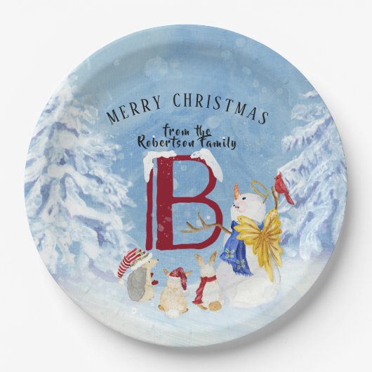 Monogram Letter B Angel Snowman Merry Kerstmis Papieren Bordje (Voorkant)