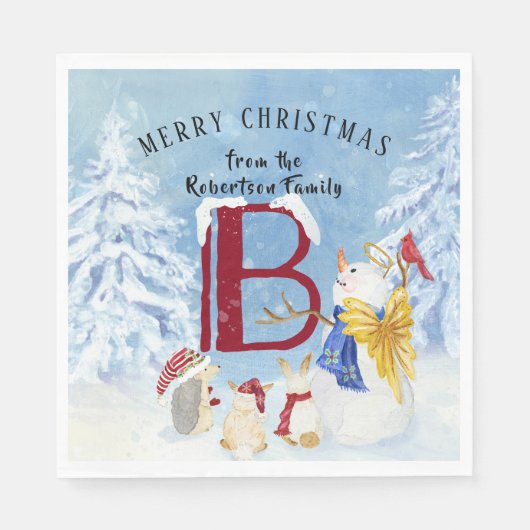 Monogram Letter B Angel Snowman Merry Kerstmis Servet (Voorkant)