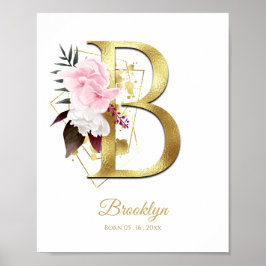 Monogram Letter B Gold Foil & Pink Floral Nursery Poster