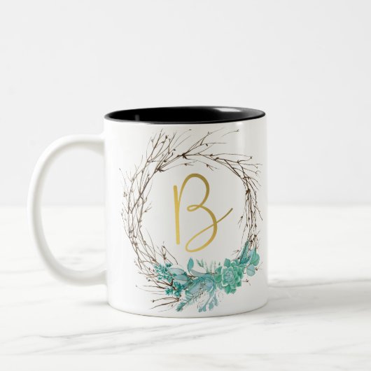 Monogram letter B in krans Tweekleurige Koffiemok (Links)