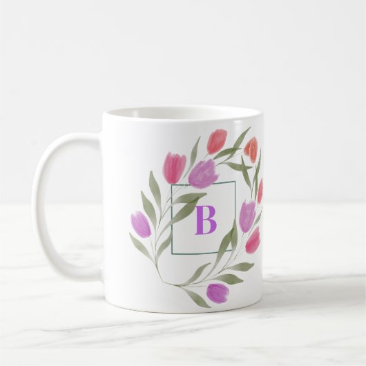 Monogram Letter B Paarse & Wit met bloemen Koffiemok (Links)