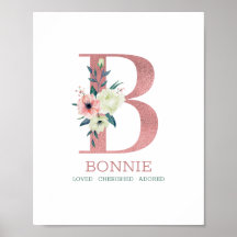 Monogram Letter B Roze Waterverf Floral Neursery