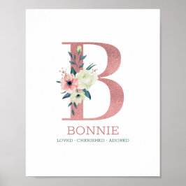 Monogram Letter B Roze Waterverf Floral Neursery Poster