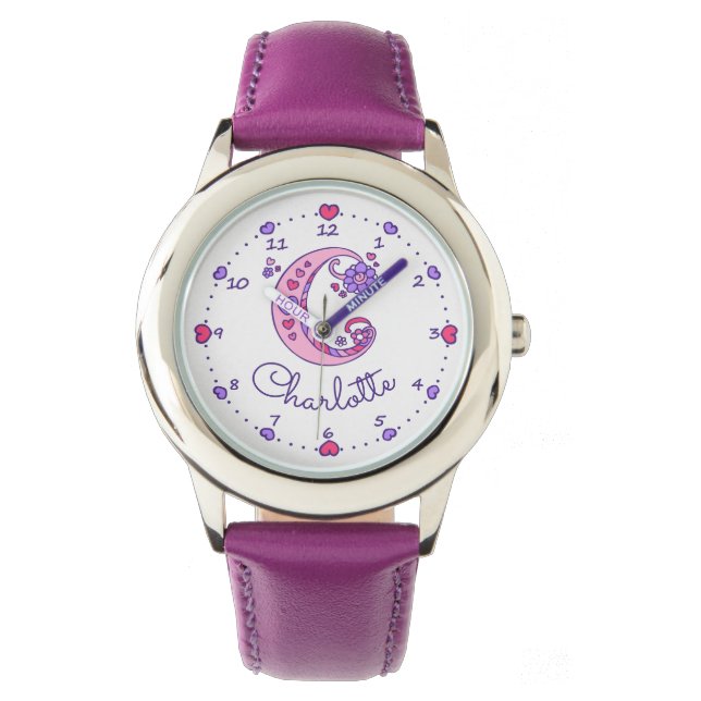 Monogram letter C doodle hart meisjes naam horloge (Voorkant)