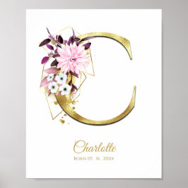 Monogram Letter C Gold Foil & Pink Floral Nursery Poster