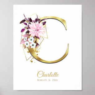 Monogram Letter C Gold Foil & Pink Floral Nursery Poster