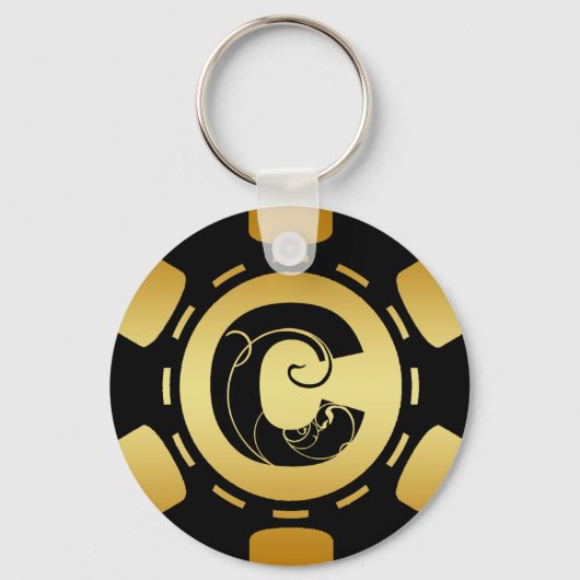 MONOGRAM LETTER C POKER CHIP GOLD EN ZWARTE MONOGR SLEUTELHANGER (Voorkant)