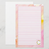 Monogram Letter C Roze Waterverf Bloemen gevoerd Briefpapier (Voorkant / Achterkant)