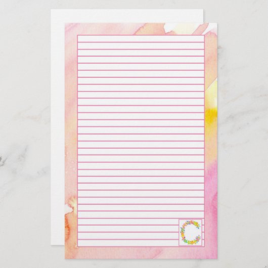 Monogram Letter C Roze Waterverf Bloemen gevoerd Briefpapier (Voorkant / Achterkant)