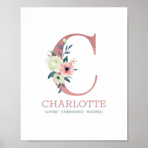 Monogram Letter C Roze Waterverf Floral Neursery Poster