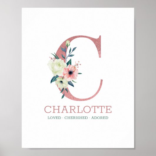 Monogram Letter C Roze Waterverf Floral Neursery Poster (Voorkant)