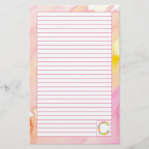 Monogram Letter C Roze Waterverf Flowers Lined Briefpapier