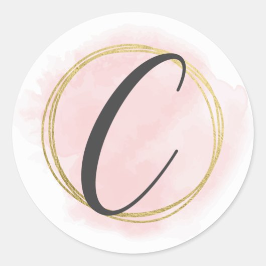 Monogram Letter C Roze Waterverf Goud Chic Ronde Sticker (Voorkant)