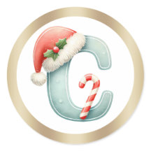 Monogram letter C, Santa hat Kerst sticker