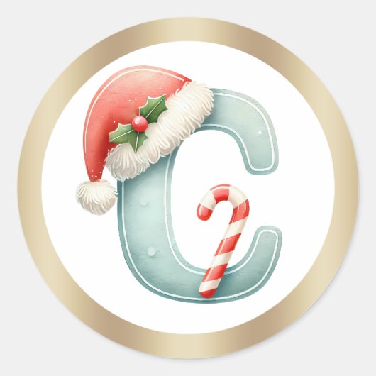 Monogram letter C, Santa hat Kerst sticker (Voorkant)