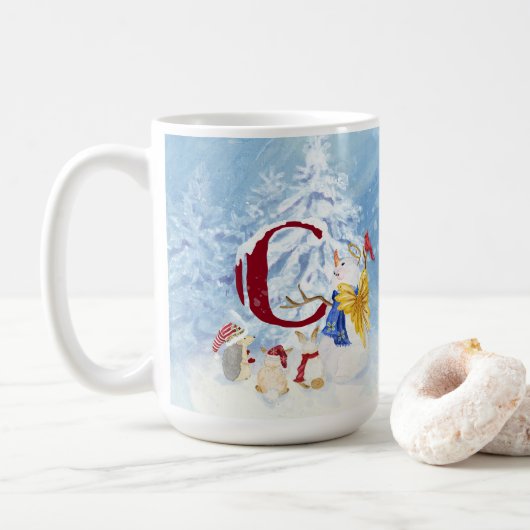 Monogram Letter C Snowy Kerstmis Angel Snowman Koffiemok (Met donut)