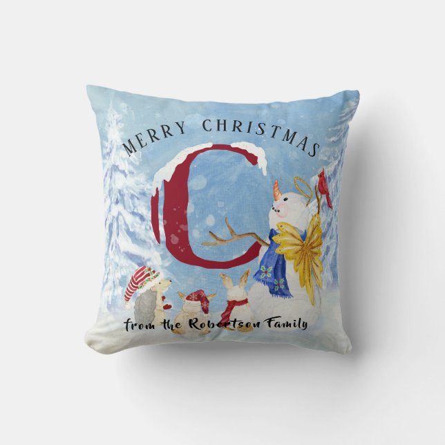 Monogram Letter C Snowy Kerstmis Angel Snowman Kussen (Voorkant)