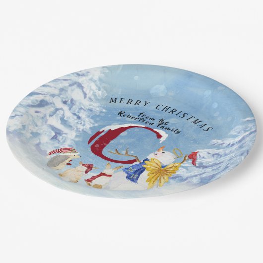 Monogram Letter C Snowy Kerstmis Angel Snowman Papieren Bordje (Gekanteld)