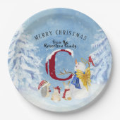 Monogram Letter C Snowy Kerstmis Angel Snowman Papieren Bordje (Voorkant)