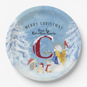 Monogram Letter C Snowy Kerstmis Angel Snowman Papieren Bordje
