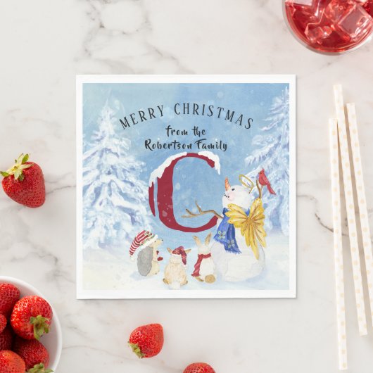 Monogram Letter C Snowy Kerstmis Angel Snowman Servet (Insitu)