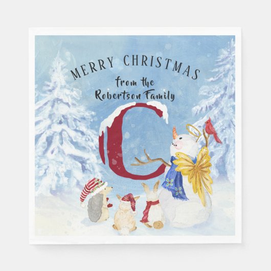 Monogram Letter C Snowy Kerstmis Angel Snowman Servet (Voorkant)