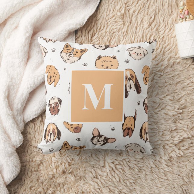 Monogram Letter Cute Doodle Dog Pattern Hondenlief Kussen (Deken)