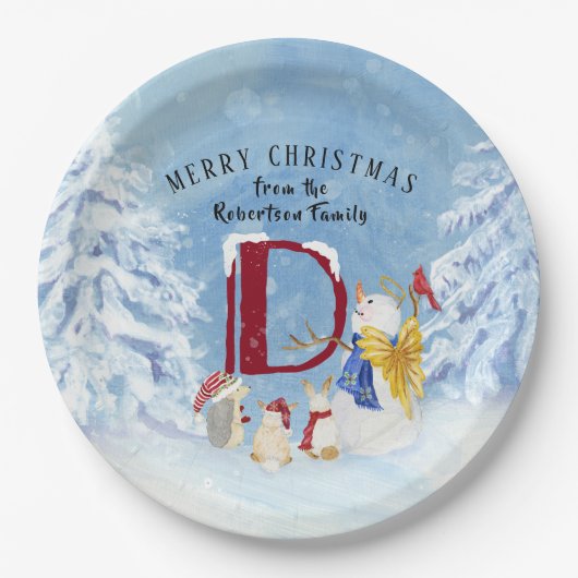 Monogram Letter D Cute Angel Snowman Kerstmis Papieren Bordje (Voorkant)