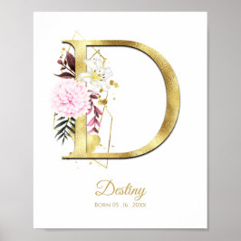 Monogram Letter D Gold Foil & Pink Floral Nursery Poster