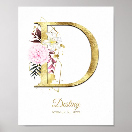 Monogram Letter D Gold Foil & Pink Floral Nursery Poster (Voorkant)